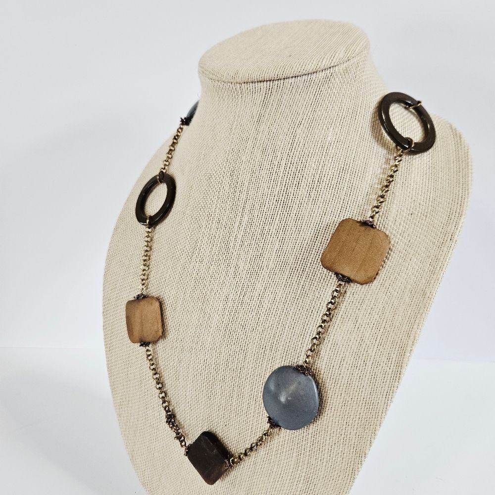 Vintage Wooden Earthy Beaded Geometric Chunky Artisan Folk Art Chain Necklace - Picture 5 of 9